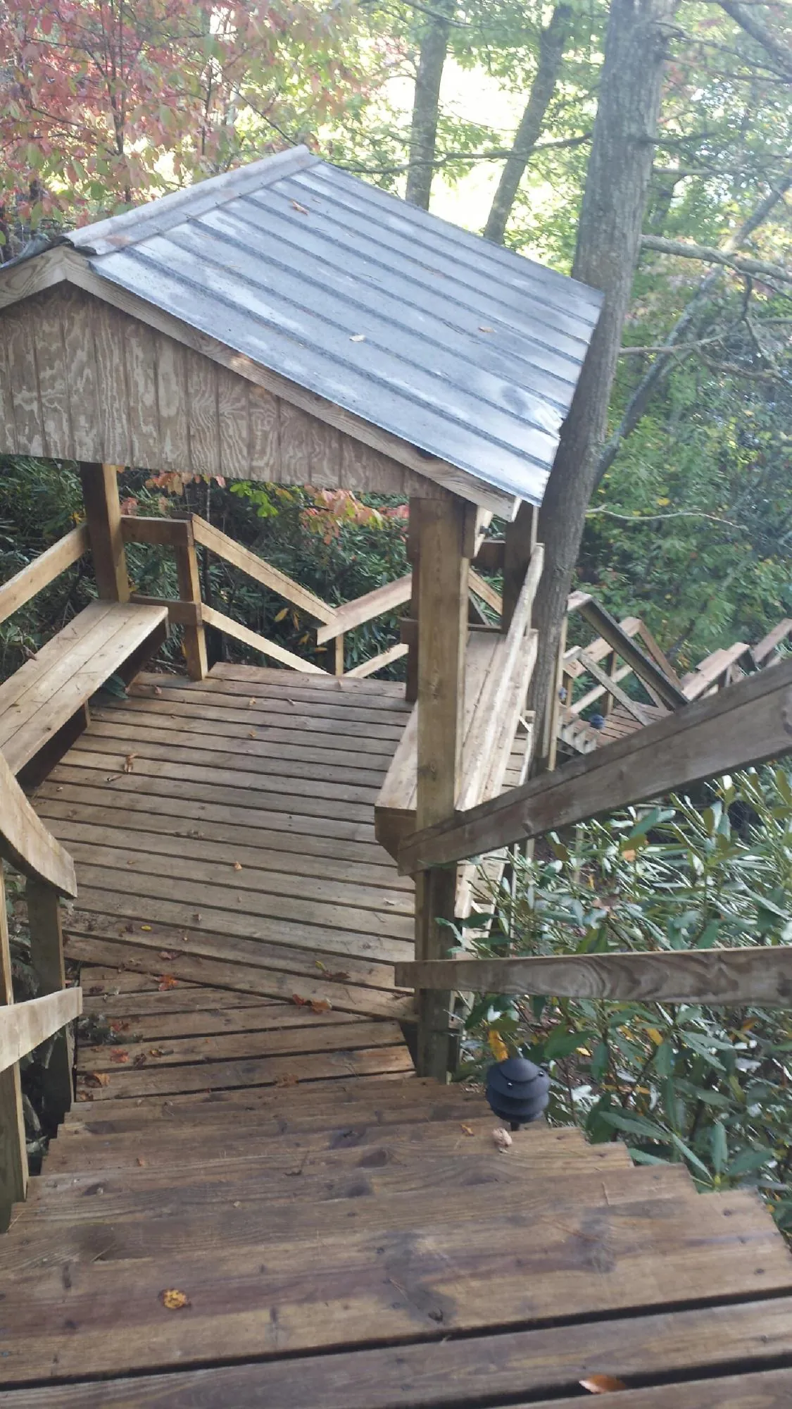 Metal roofed shelter over wooden steps on a wooded walkway — Skylight Repair & Installation work by our crew in Quail Valley